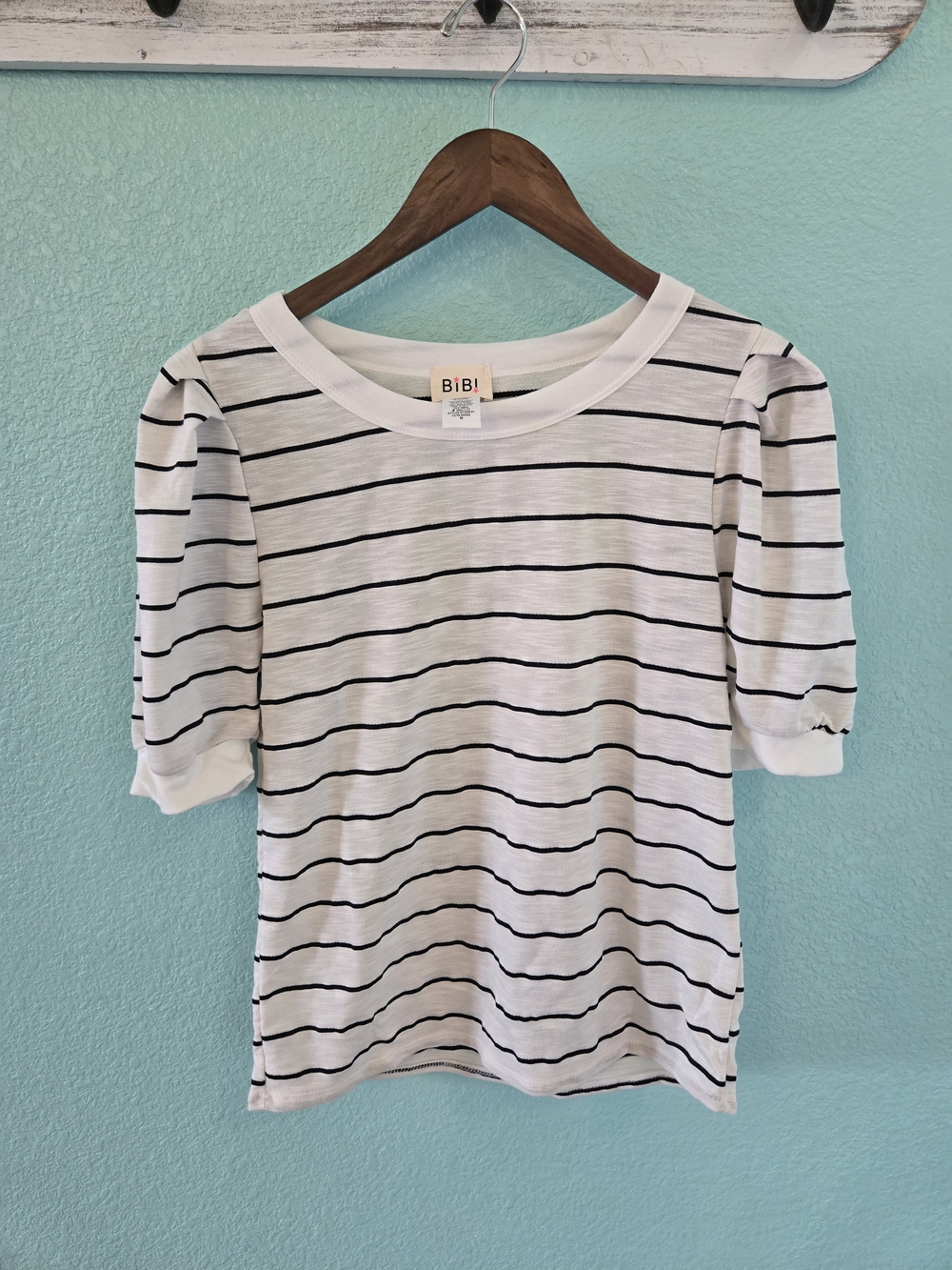 BiBi White and Black Striped Puff-Sleeve Tee